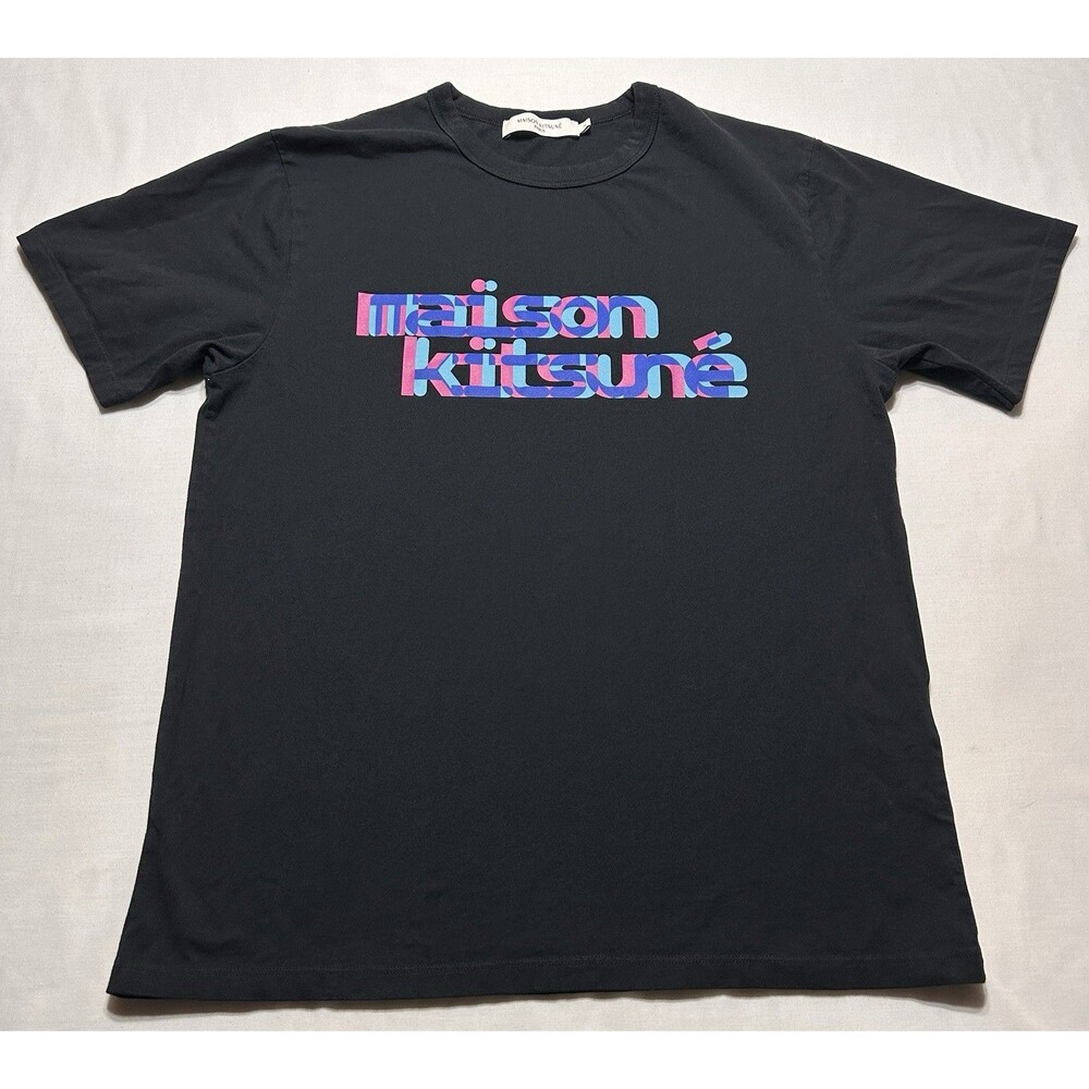 Maison Kitsune Shirt Short Sleeve Mens Small Black Paris Neon Logo - Picture 2 of 8